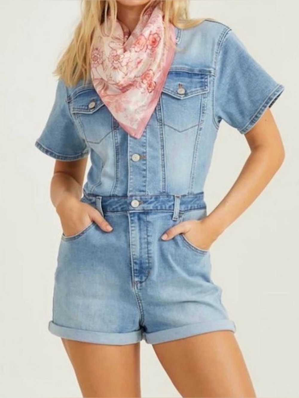 Altar’d State - Light Blue Denim Short Sleeve One-Piece Romper - XL